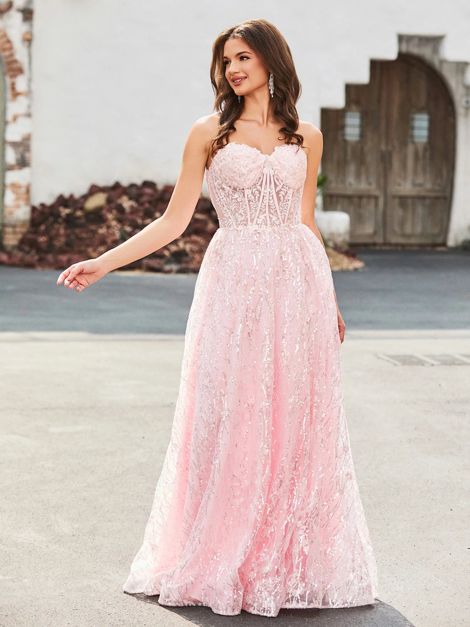 Blushing Pink Sequin Mesh A-Line Sweetheart Zipper Back Floor-Length Dress