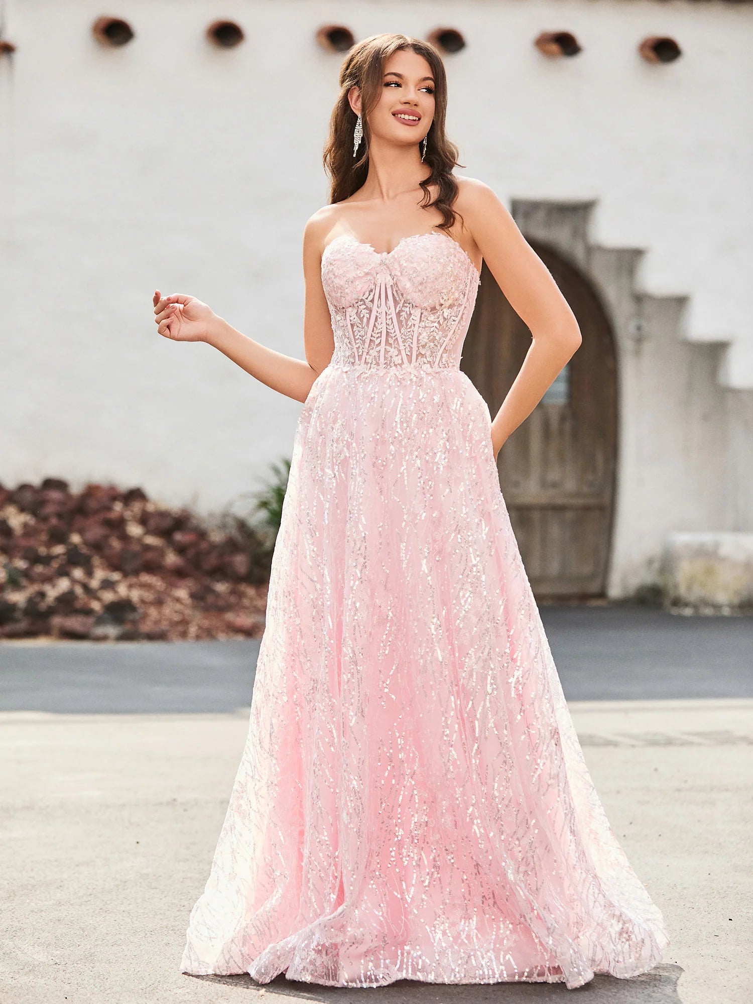Blushing Pink Sequin Mesh A-Line Sweetheart Zipper Back Floor-Length Dress