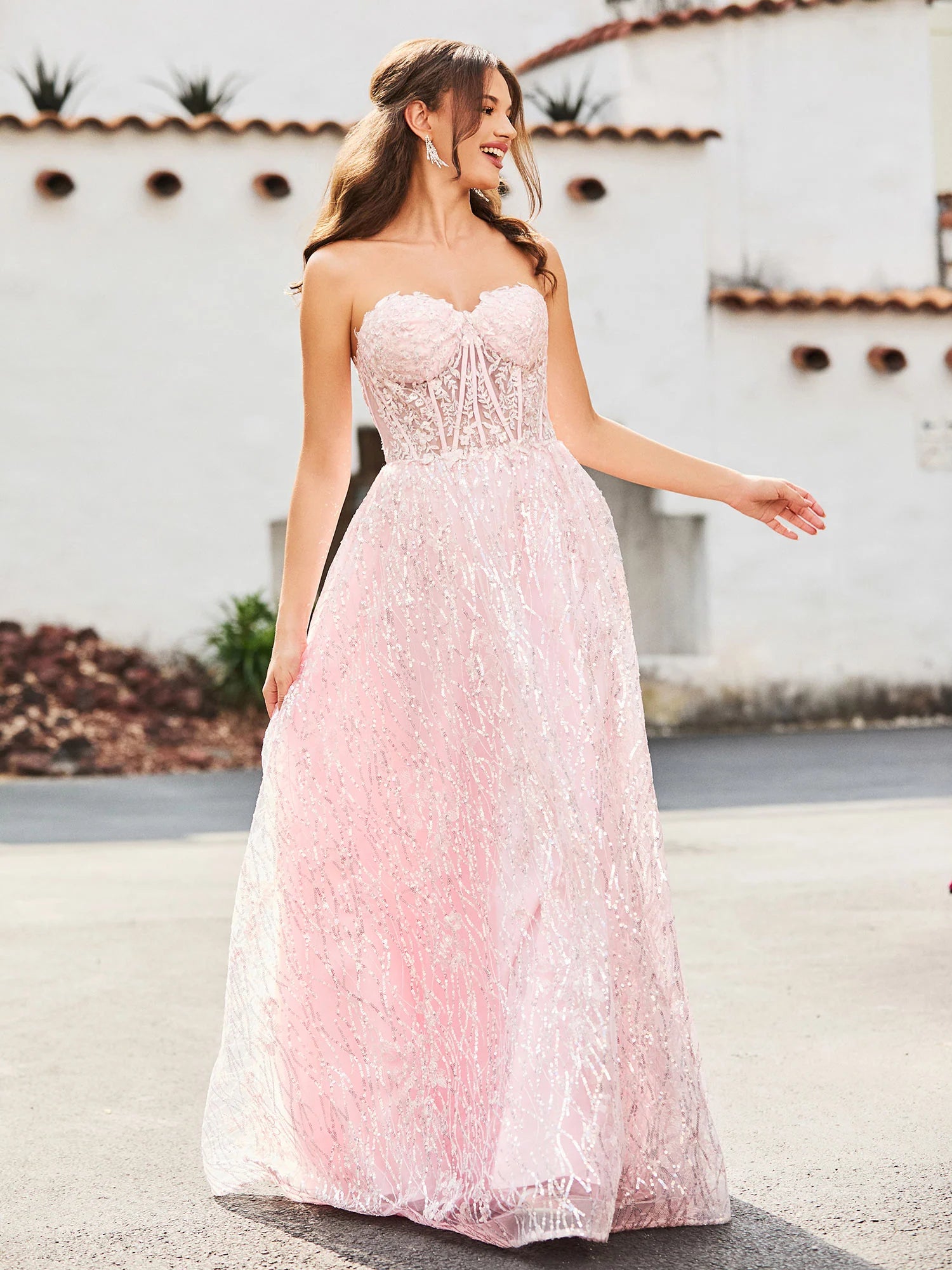 Blushing Pink Sequin Mesh A-Line Sweetheart Zipper Back Floor-Length Dress