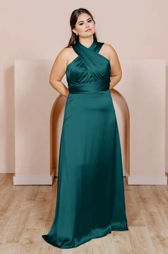 Affordable A-Line Halter Neck Sleeveless Satin Floor-Length Plus Size Prom Dress