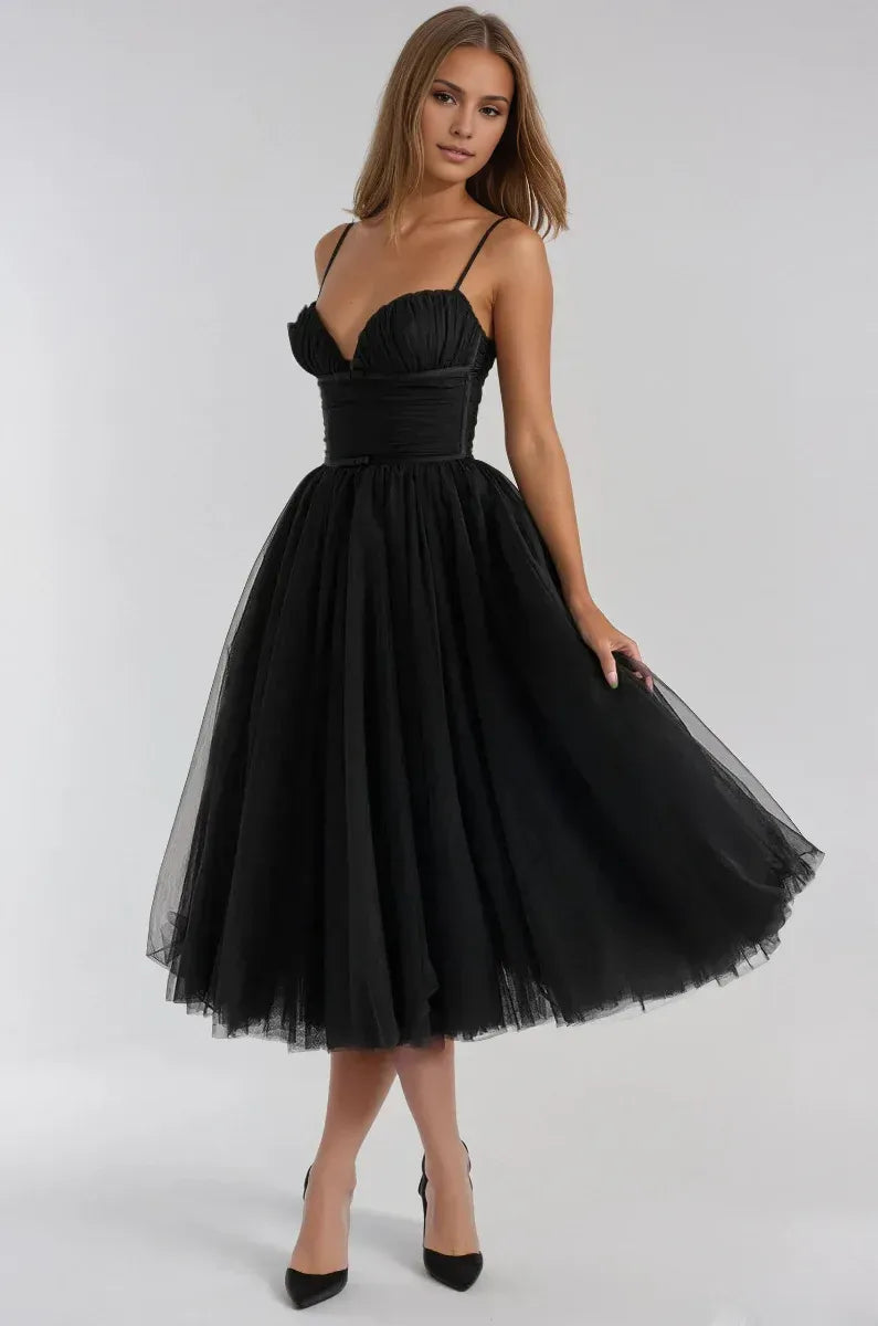 Affordable A-Line Spaghetti Straps Sleeveless Tulle Tea-Length Prom Dress