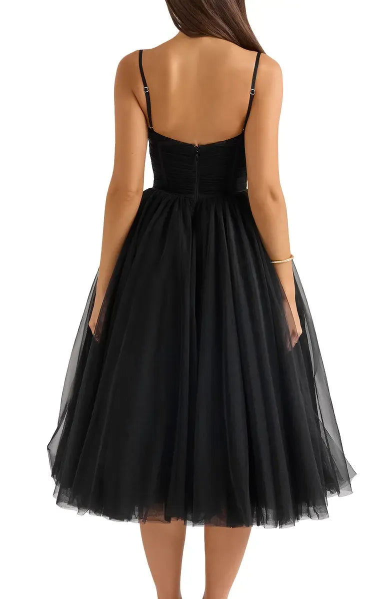 Affordable A-Line Spaghetti Straps Sleeveless Tulle Tea-Length Prom Dress