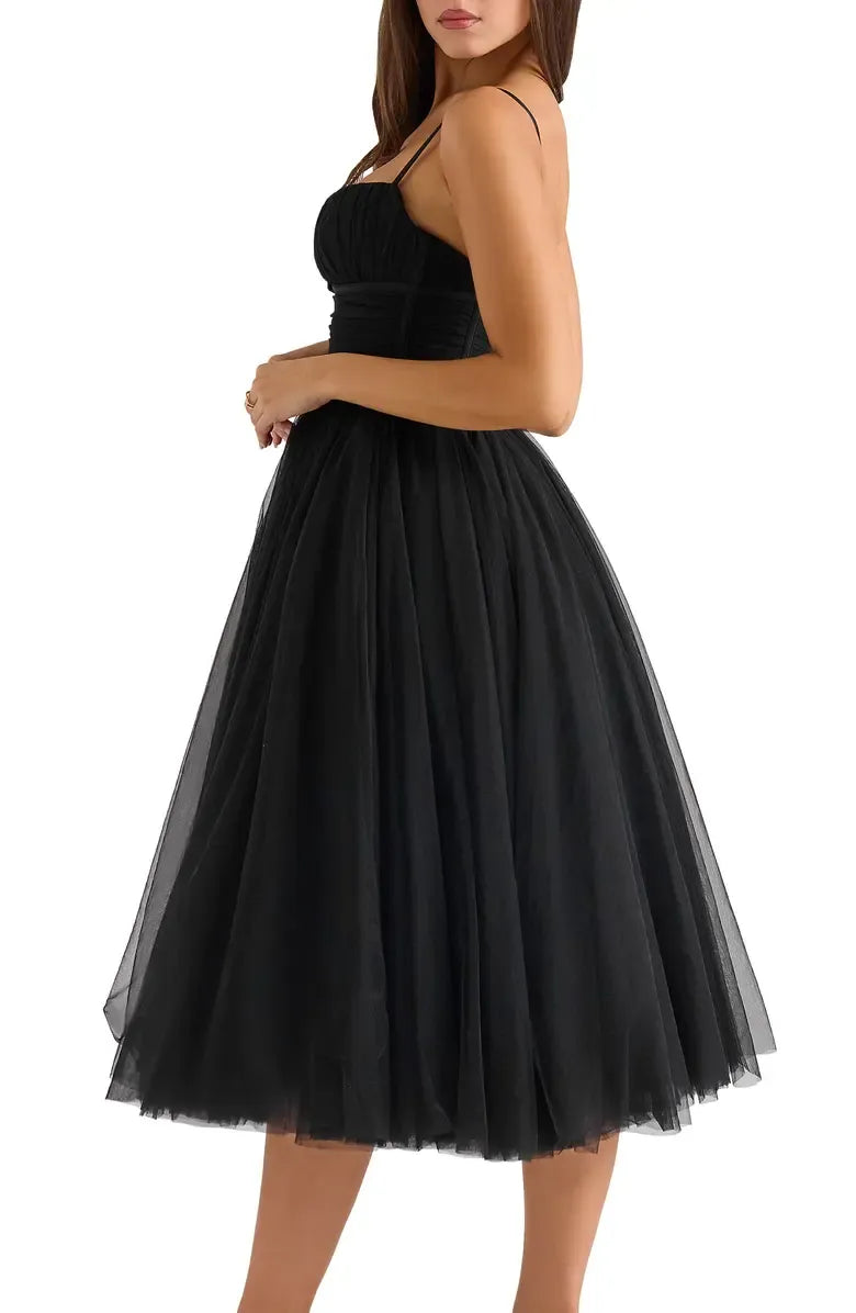 Affordable A-Line Spaghetti Straps Sleeveless Tulle Tea-Length Prom Dress