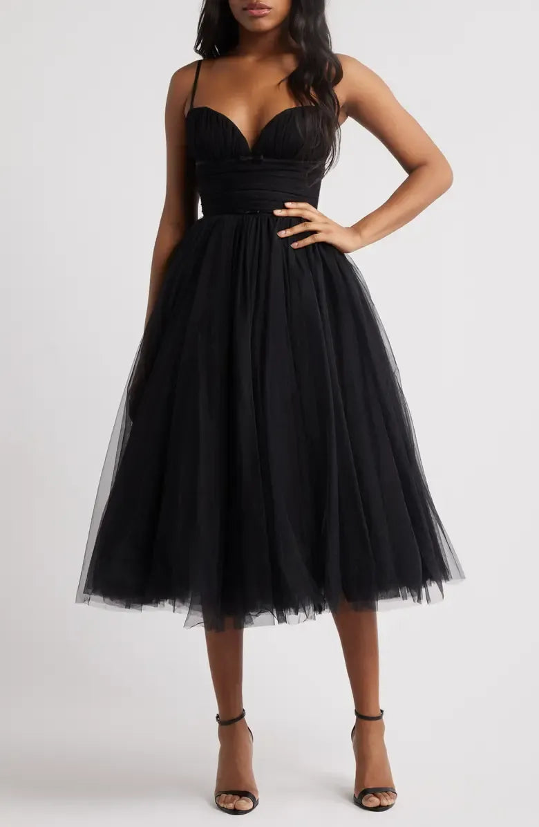 Affordable A-Line Spaghetti Straps Sleeveless Tulle Tea-Length Prom Dress