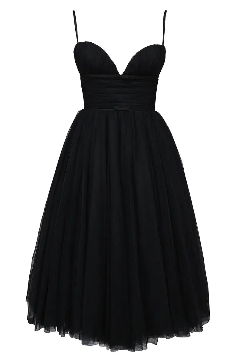 Affordable A-Line Spaghetti Straps Sleeveless Tulle Tea-Length Prom Dress