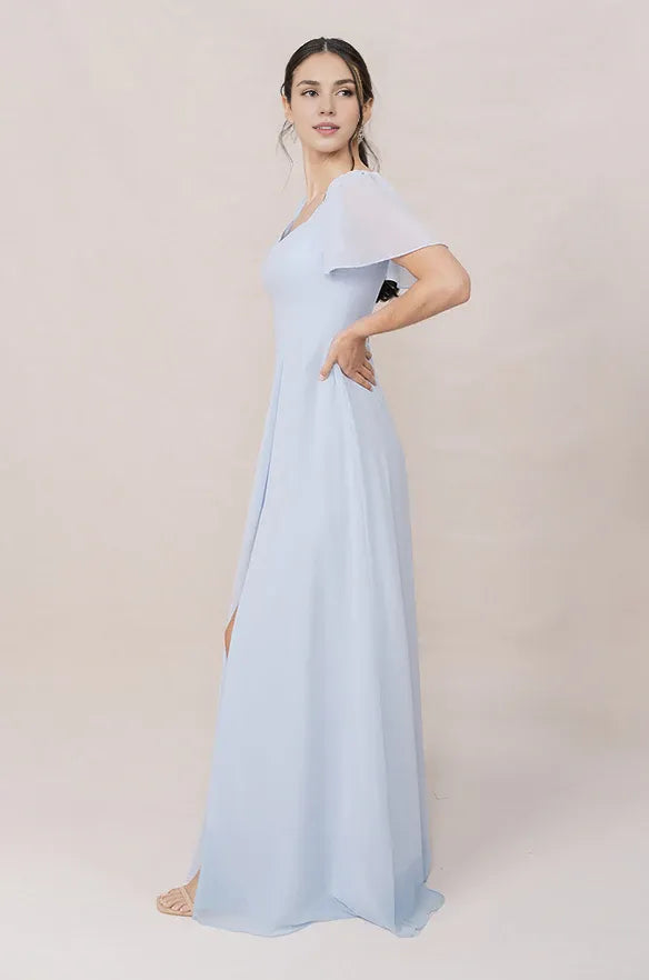 Affordable A-line Sweetheart Neck Flutter Sleeve Back Zipper Ankle-Length Bridesmaid Dress