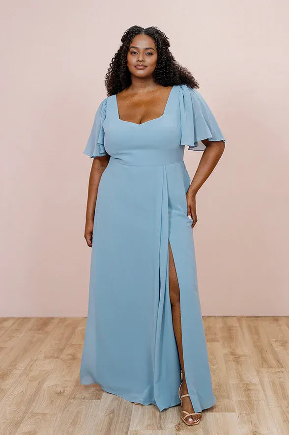 Affordable A-line Sweetheart Neck Flutter Sleeve Back Zipper Ankle-Length Plus Size Bridesmaid Dress