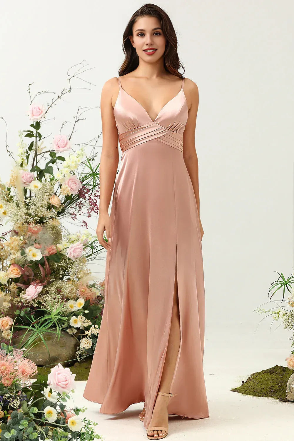 Affordable A Line Spaghetti Straps Sleeveless Satin Slit Floor-Length Prom Dress