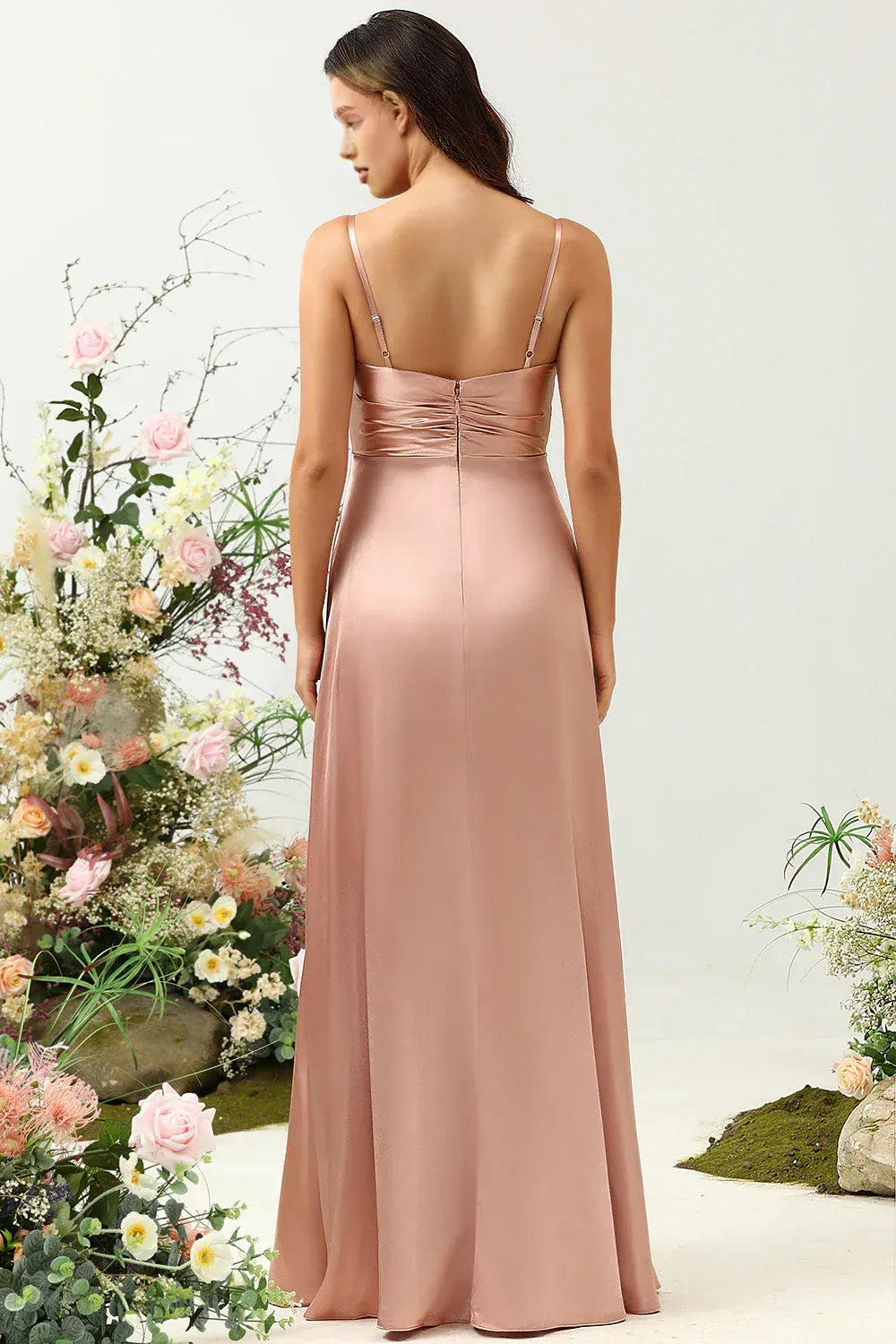 Affordable A Line Spaghetti Straps Sleeveless Satin Slit Floor-Length Prom Dress