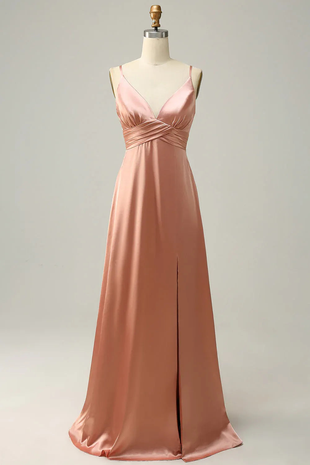 Affordable A Line Spaghetti Straps Sleeveless Satin Slit Floor-Length Prom Dress
