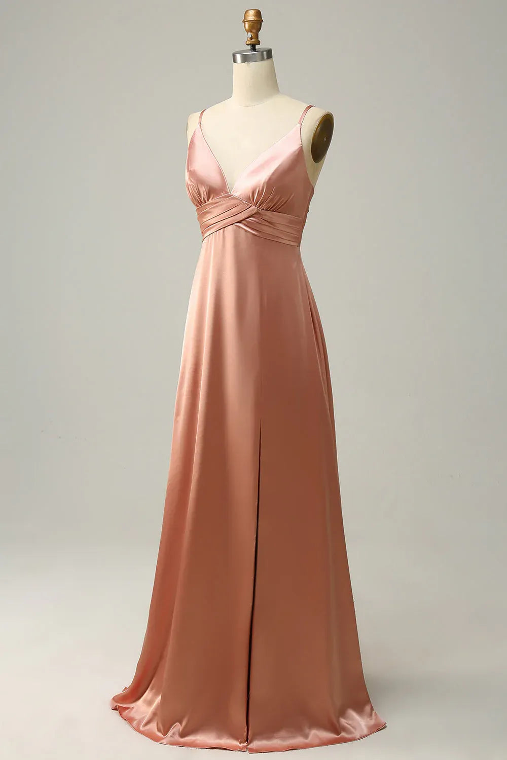 Affordable A Line Spaghetti Straps Sleeveless Satin Slit Floor-Length Prom Dress