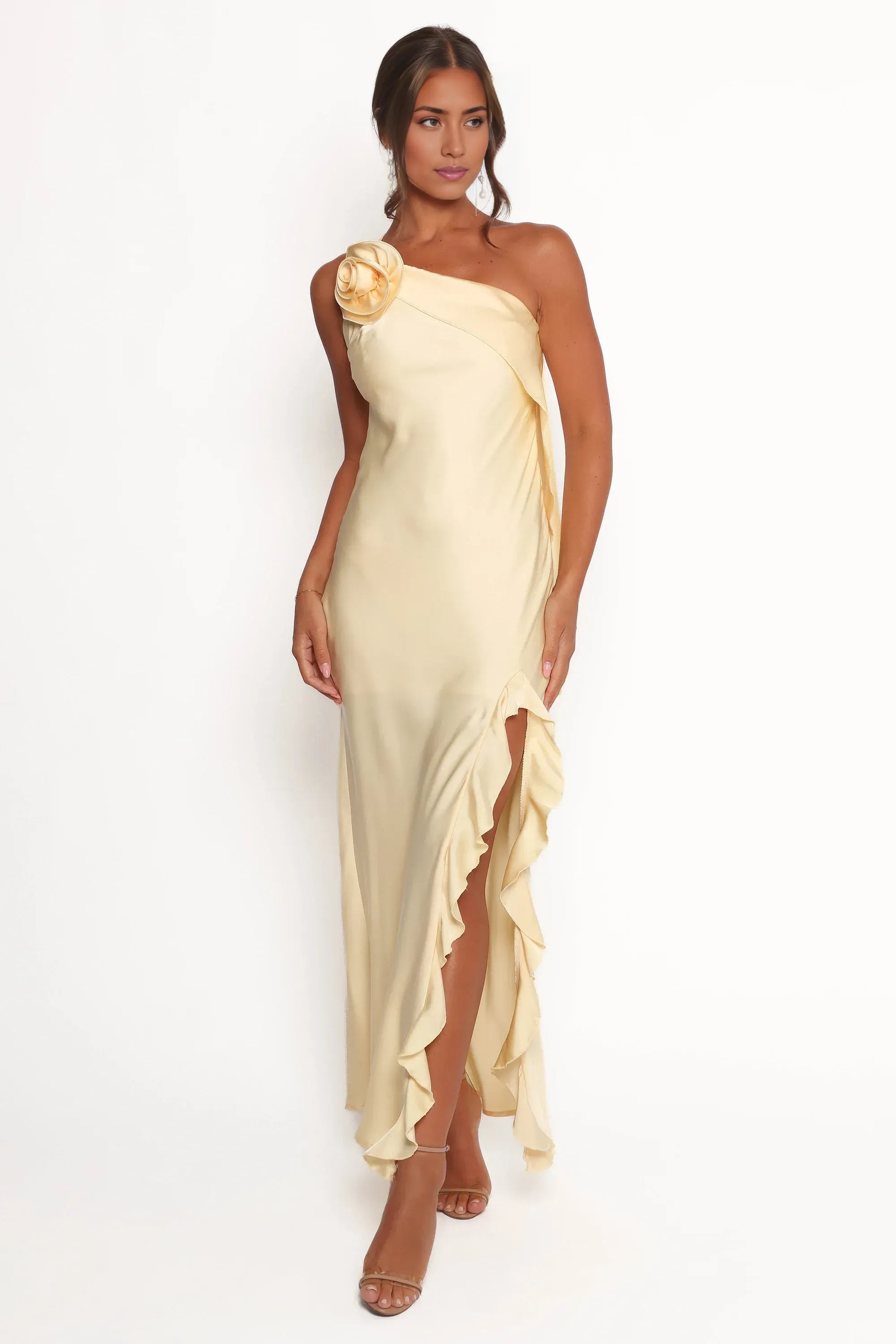 Affordable Column One Shoulder Sleeveless Satin Ankle-Length Prom Dress