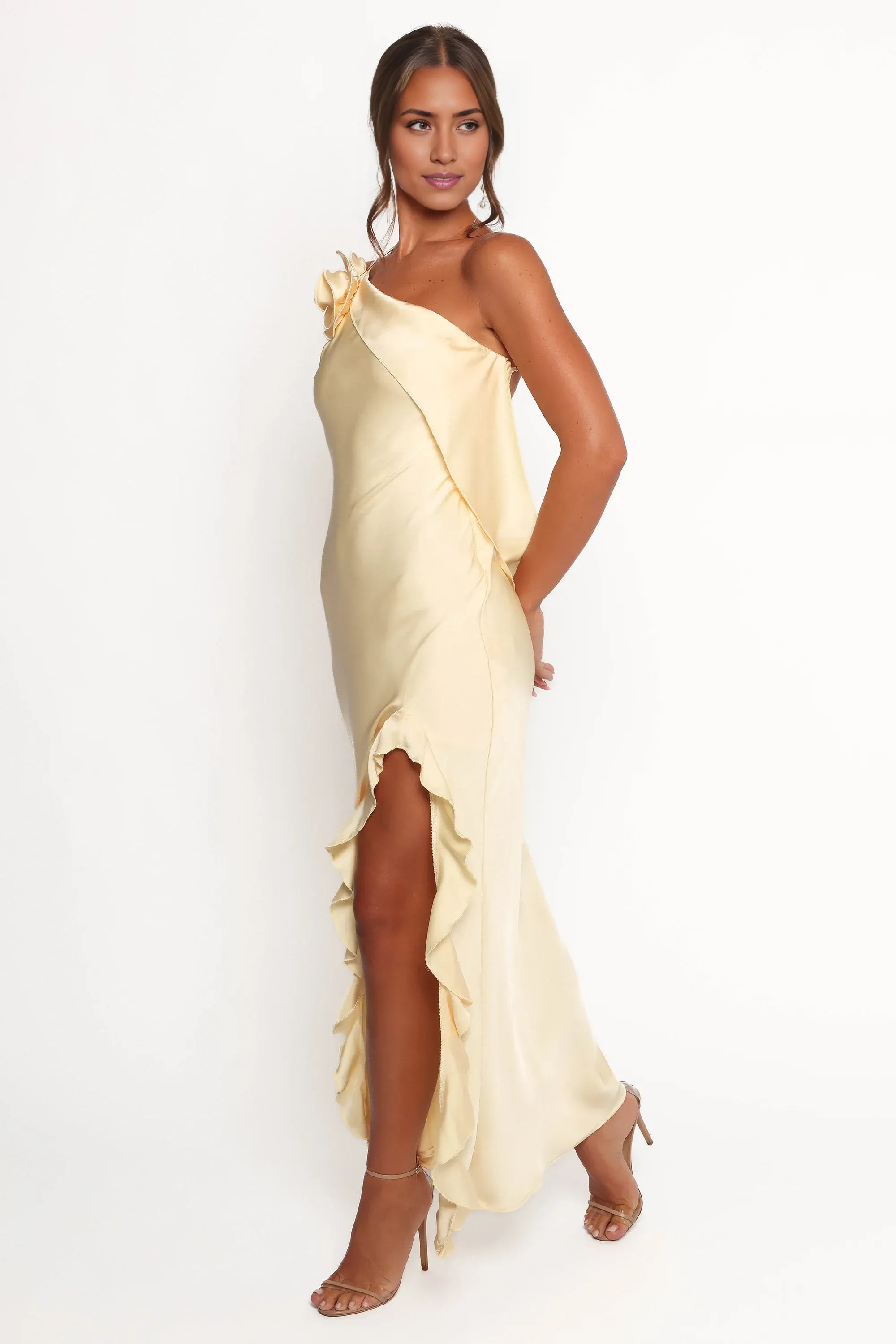 Affordable Column One Shoulder Sleeveless Satin Ankle-Length Prom Dress