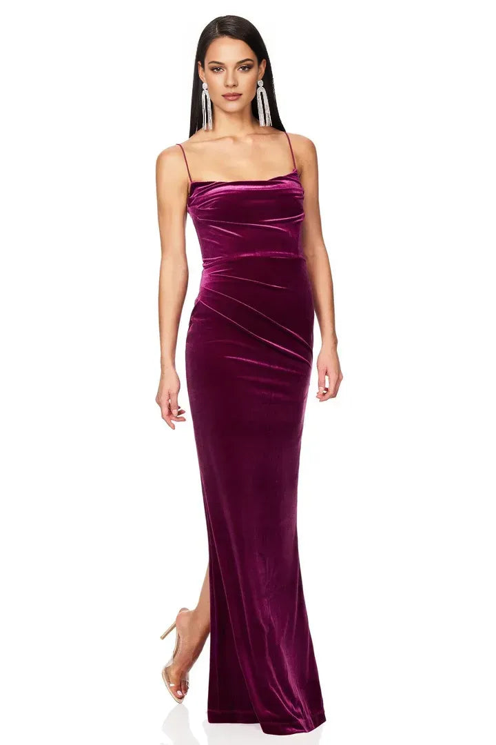 Affordable Column Spaghetti Straps Sleeveless Velvet Floor-Length Prom Dress