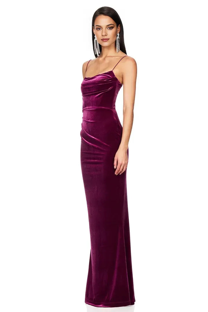 Affordable Column Spaghetti Straps Sleeveless Velvet Floor-Length Prom Dress