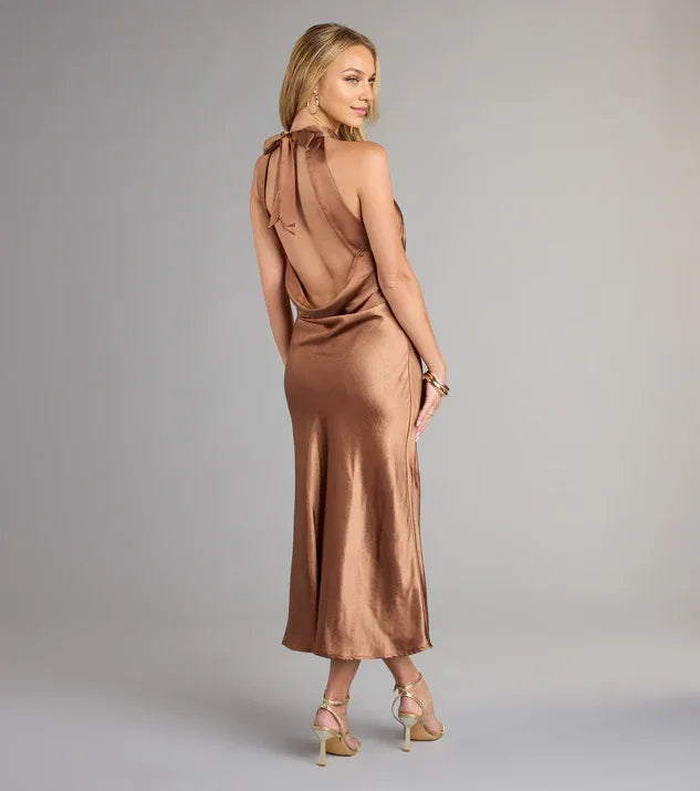 Affordable Curve-hugging Halter Neck Sleeveless Low Cowl Back Midi Length Prom Dress