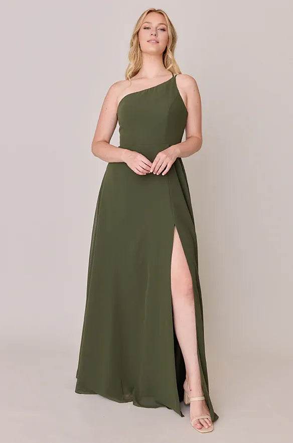 Affordable Fitted A-line One Shoulder Sleeveless Backless Ankle-Length Bridesmaid Dress