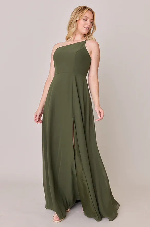 Affordable Fitted A-line One Shoulder Sleeveless Backless Ankle-Length Bridesmaid Dress