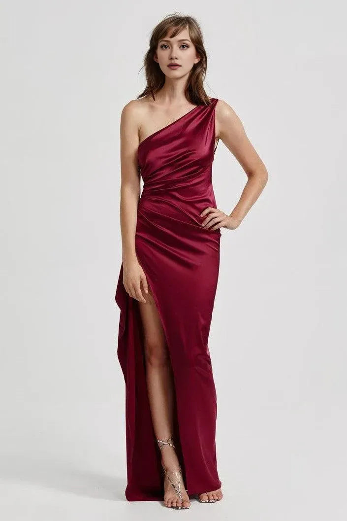 Affordable Fitted One Shoulder Sleeveless Satin Floor-Length Prom Dress