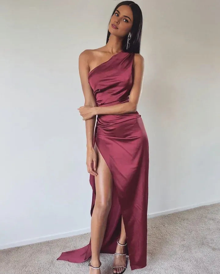 Affordable Fitted One Shoulder Sleeveless Satin Floor-Length Prom Dress