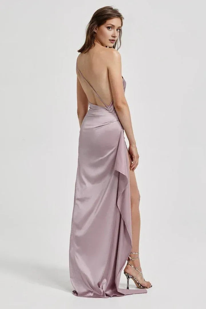 Affordable Fitted One Shoulder Sleeveless Satin Floor-Length Prom Dress