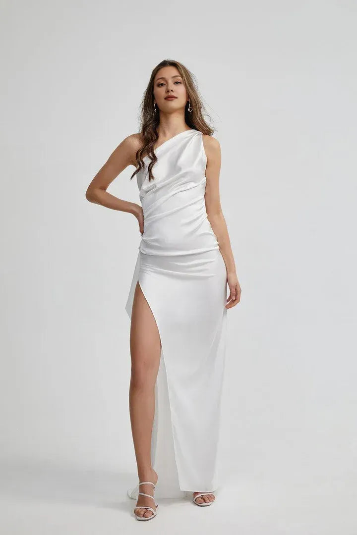 Affordable Fitted One Shoulder Sleeveless Satin Floor-Length Wedding Dress