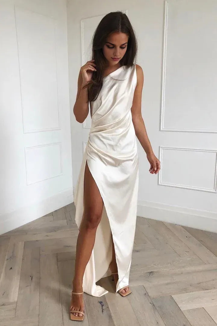 Affordable Fitted One Shoulder Sleeveless Satin Floor-Length Wedding Dress