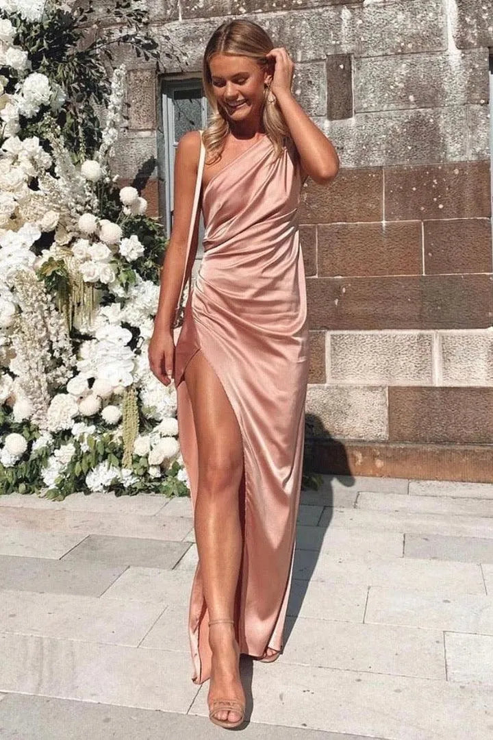 Affordable Fitted One Shoulder Sleeveless Satin Floor-Length Prom Dress