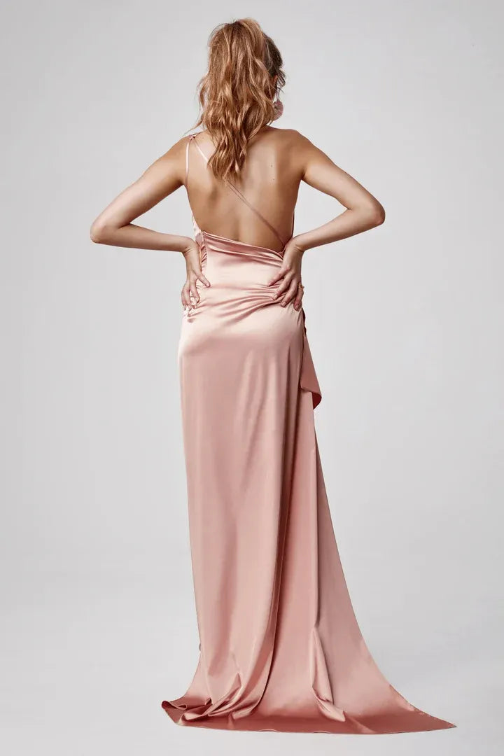 Affordable Fitted One Shoulder Sleeveless Satin Floor-Length Prom Dress
