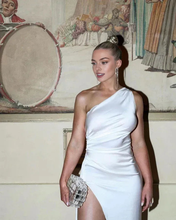 Affordable Fitted One Shoulder Sleeveless Satin Floor-Length Wedding Dress