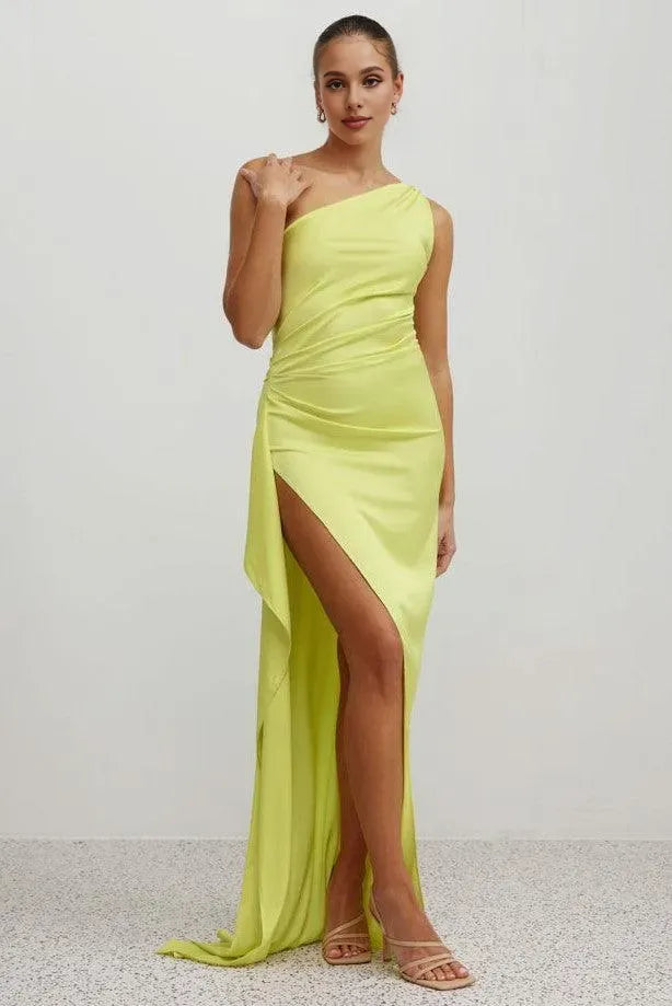 Affordable Fitted One Shoulder Sleeveless Satin Floor-Length Prom Dress