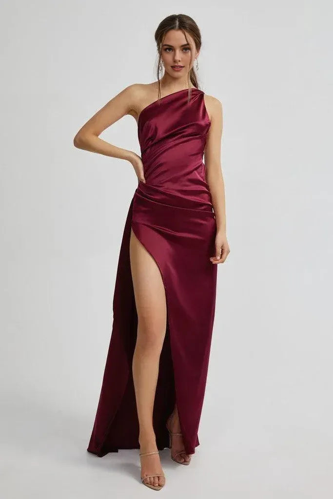 Affordable Fitted One Shoulder Sleeveless Satin Floor-Length Prom Dress