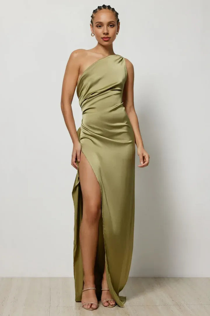 Affordable Fitted One Shoulder Sleeveless Satin Floor-Length Prom Dress