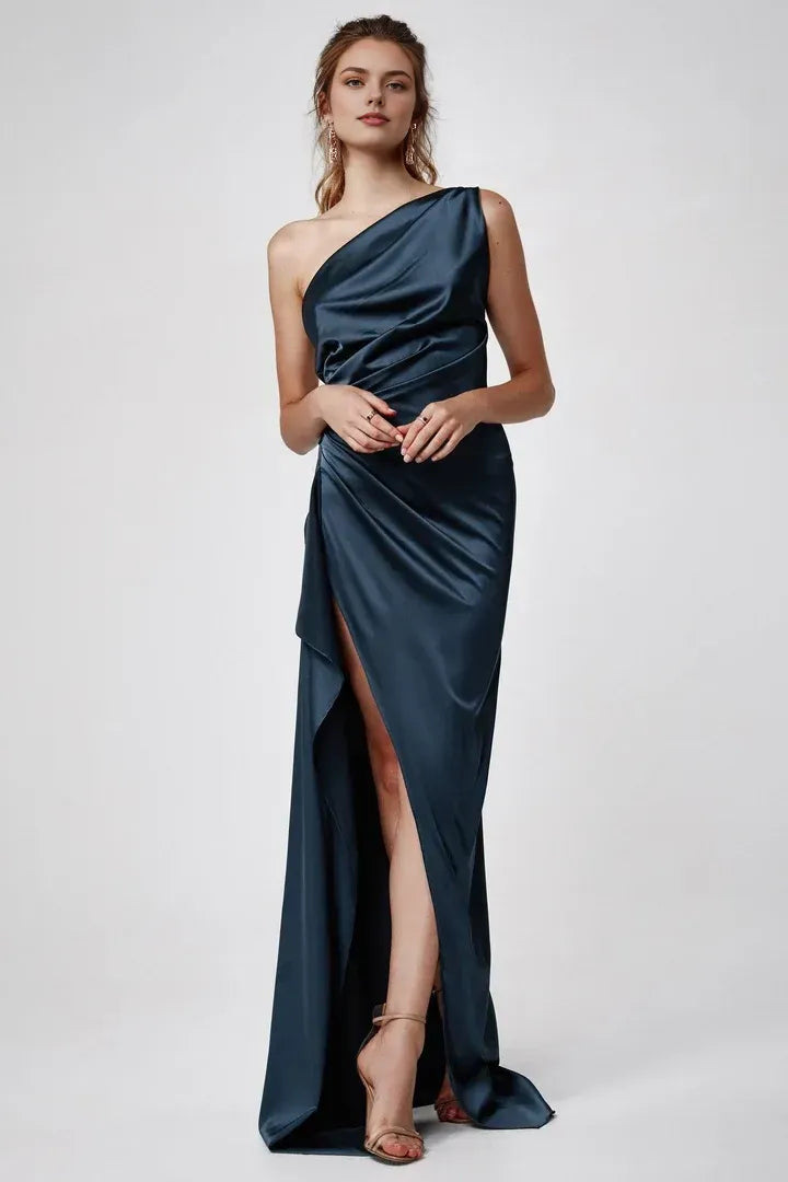 Affordable Fitted One Shoulder Sleeveless Satin Floor-Length Prom Dress