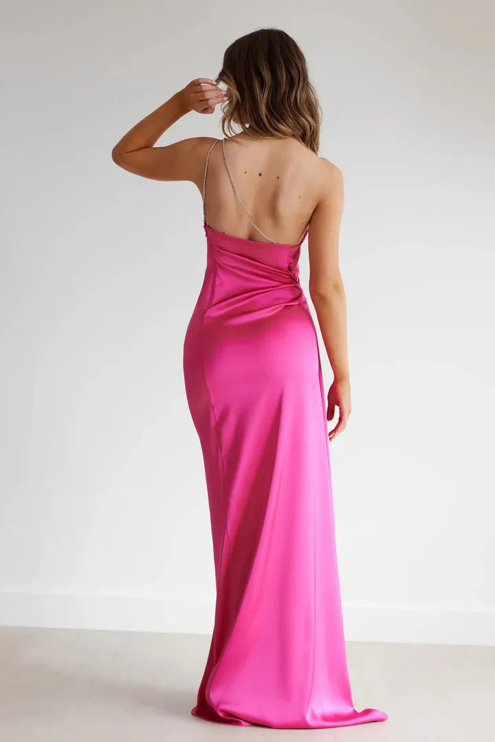 Affordable Fitted One Shoulder Sleeveless Satin Floor-Length Prom Dress