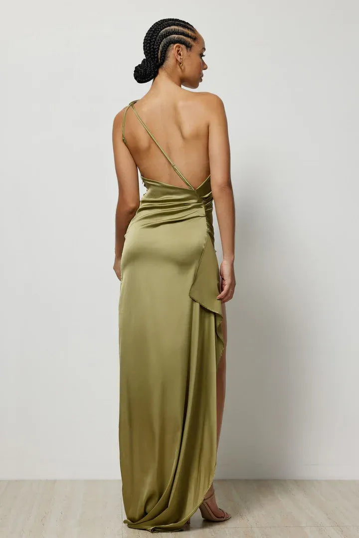 Affordable Fitted One Shoulder Sleeveless Satin Floor-Length Prom Dress
