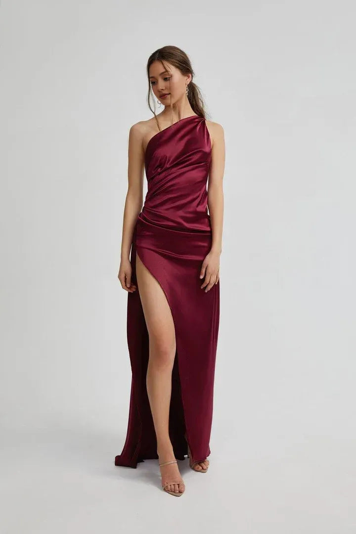Affordable Fitted One Shoulder Sleeveless Satin Floor-Length Prom Dress