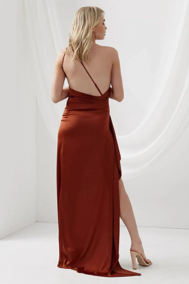 Affordable Fitted One Shoulder Sleeveless Satin Floor-Length Prom Dress