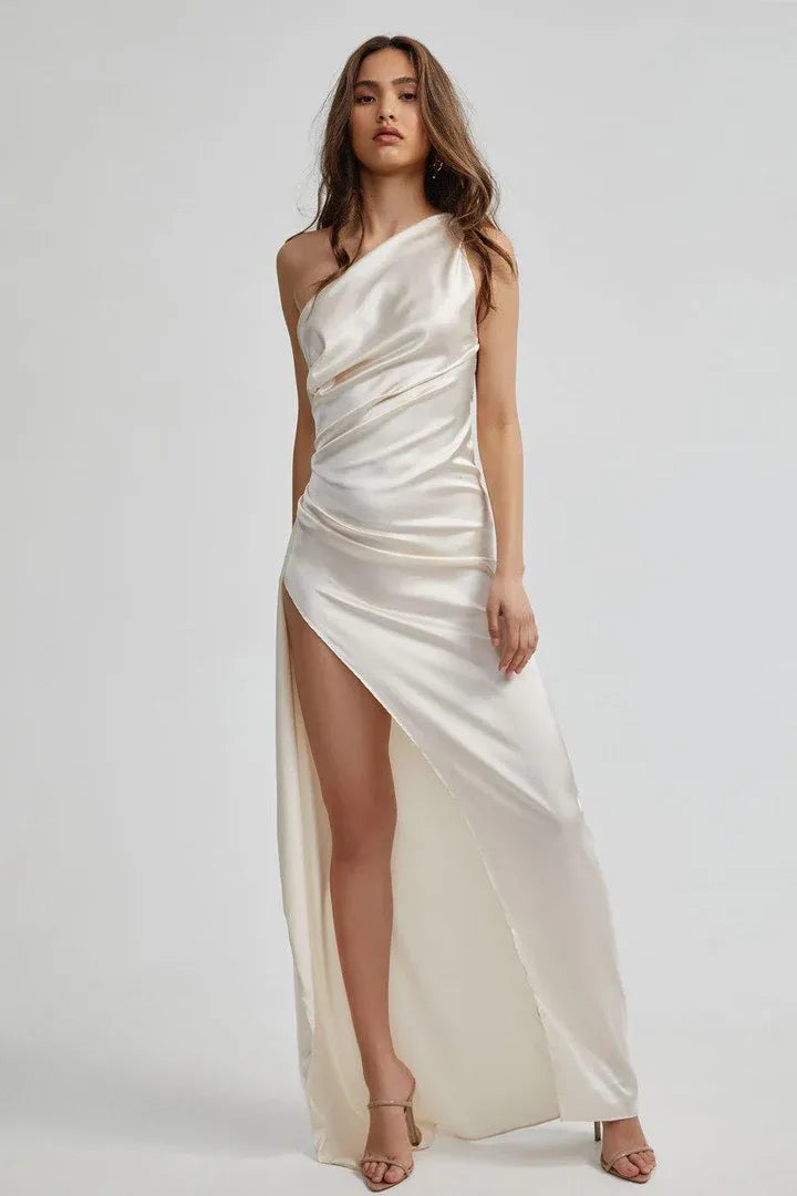 Affordable Fitted One Shoulder Sleeveless Satin Floor-Length Prom Dress