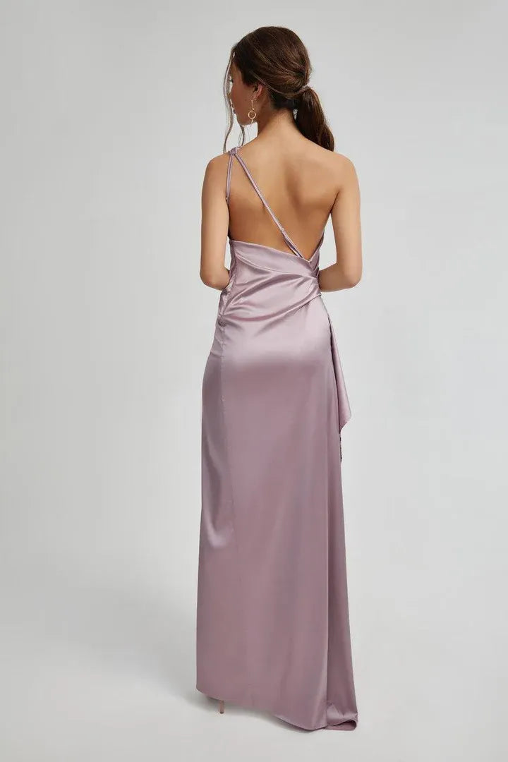 Affordable Fitted One Shoulder Sleeveless Satin Floor-Length Prom Dress