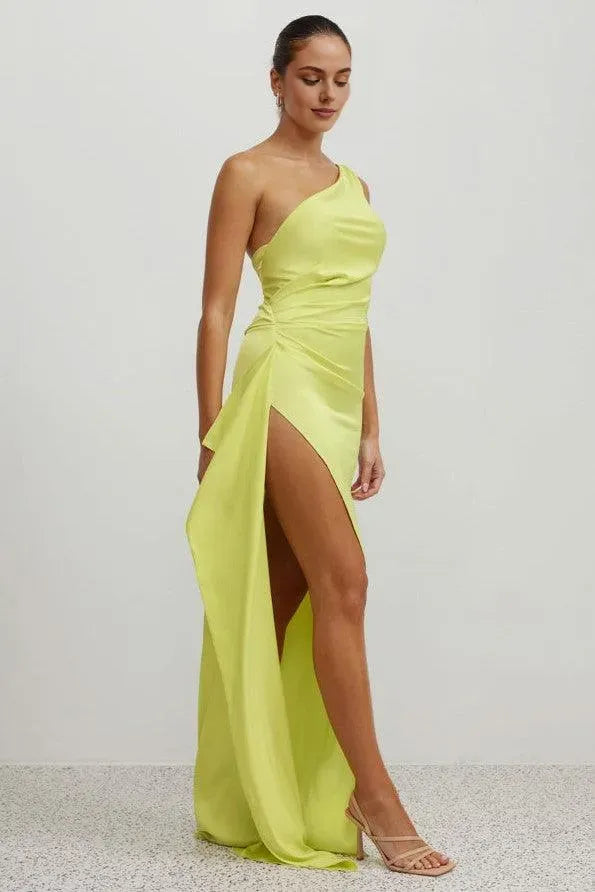 Affordable Fitted One Shoulder Sleeveless Satin Floor-Length Prom Dress