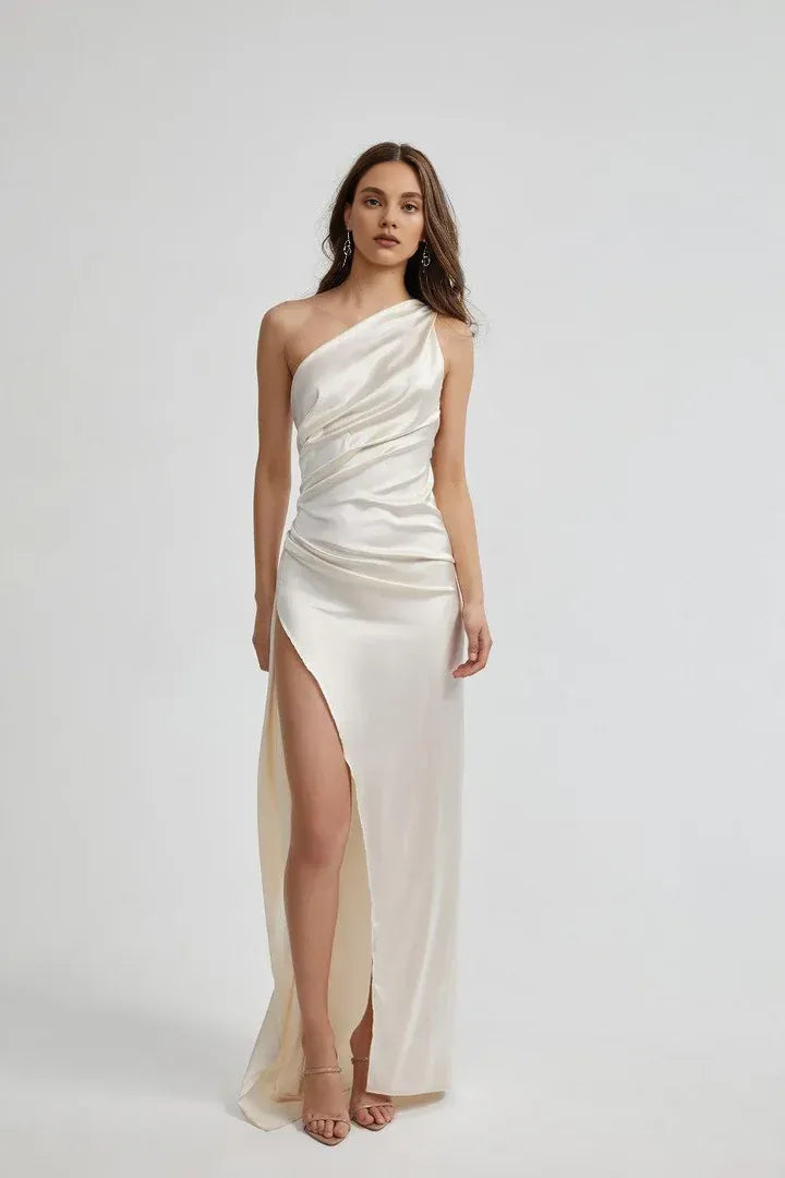 Affordable Fitted One Shoulder Sleeveless Satin Floor-Length Prom Dress