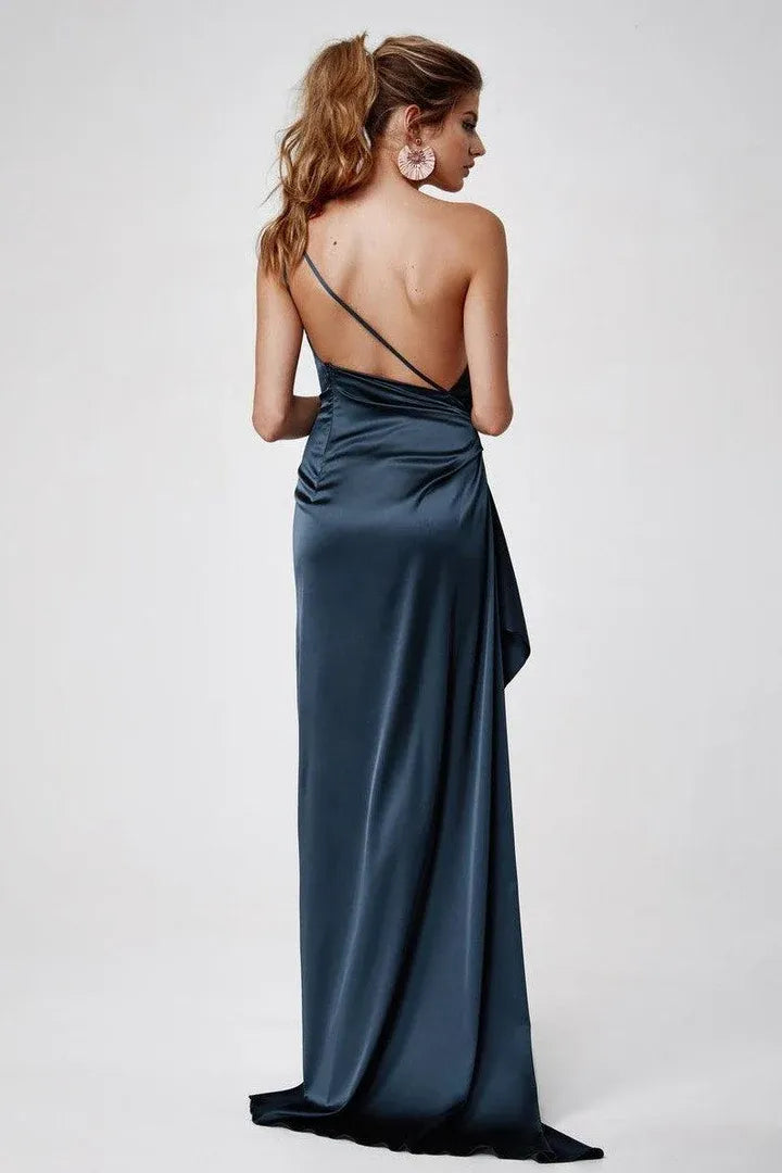 Affordable Fitted One Shoulder Sleeveless Satin Floor-Length Prom Dress