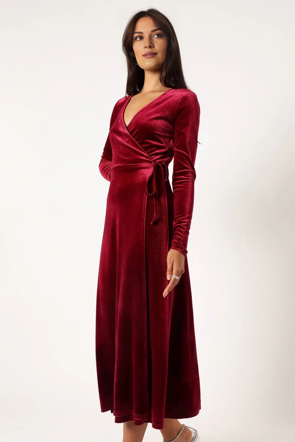Affordable Fitted V Neck Long Sleeve Velvet Ankle-Length Prom Dress
