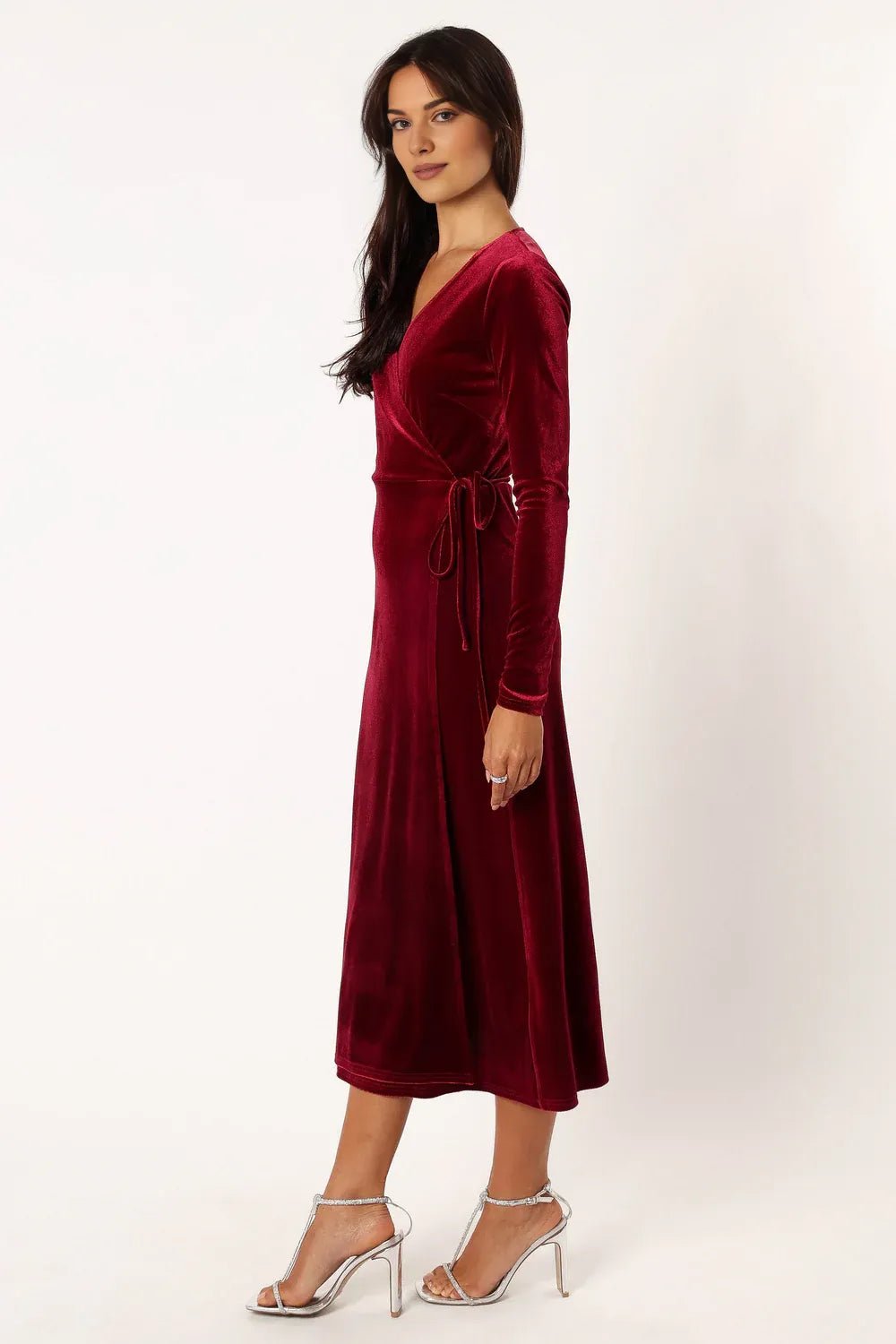 Affordable Fitted V Neck Long Sleeve Velvet Ankle-Length Prom Dress