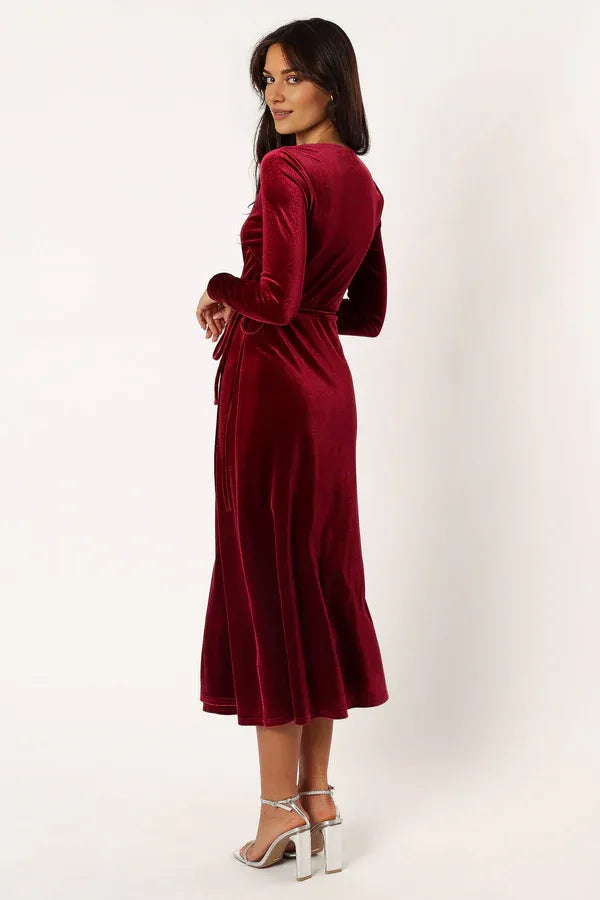 Affordable Fitted V Neck Long Sleeve Velvet Ankle-Length Prom Dress
