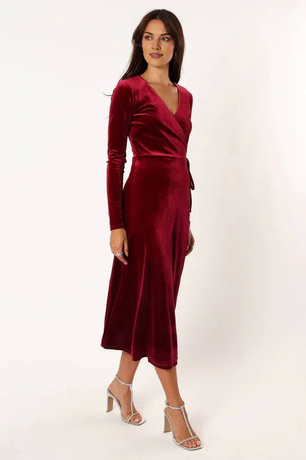 Affordable Fitted V Neck Long Sleeve Velvet Ankle-Length Prom Dress