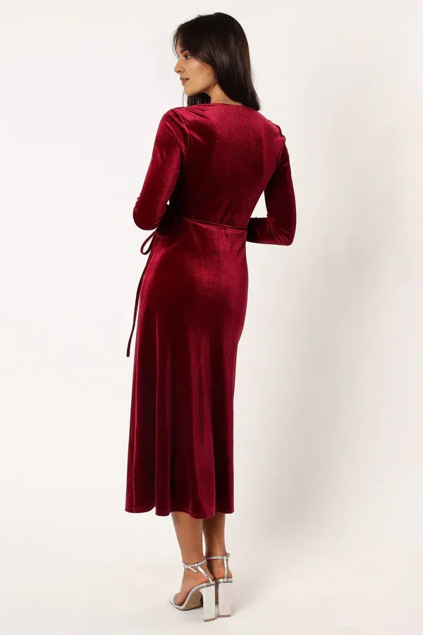 Affordable Fitted V Neck Long Sleeve Velvet Ankle-Length Prom Dress