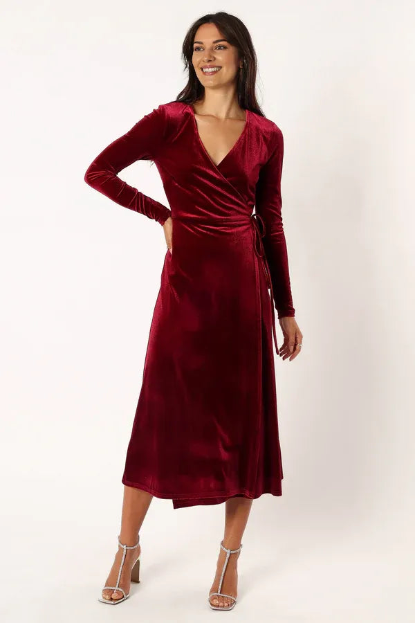 Affordable Fitted V Neck Long Sleeve Velvet Ankle-Length Prom Dress