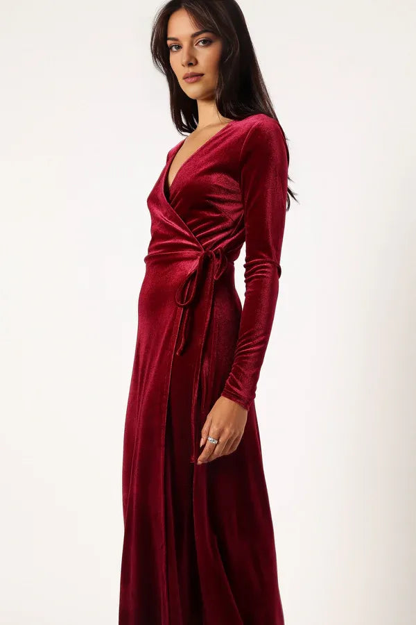 Affordable Fitted V Neck Long Sleeve Velvet Ankle-Length Prom Dress